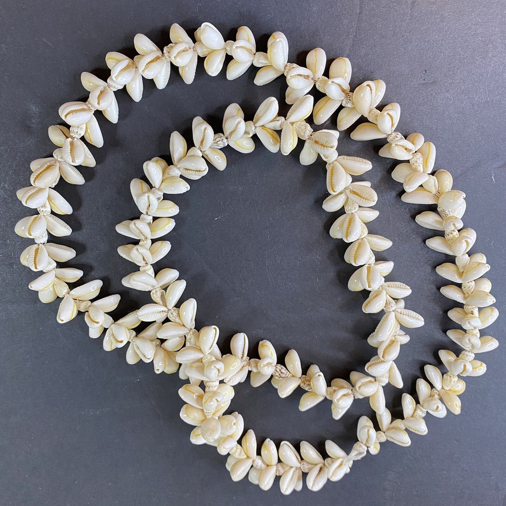 Vintage VISCO Lei Shell Necklace Hawaiian Fertility Striped Snail Tan Cream 34”